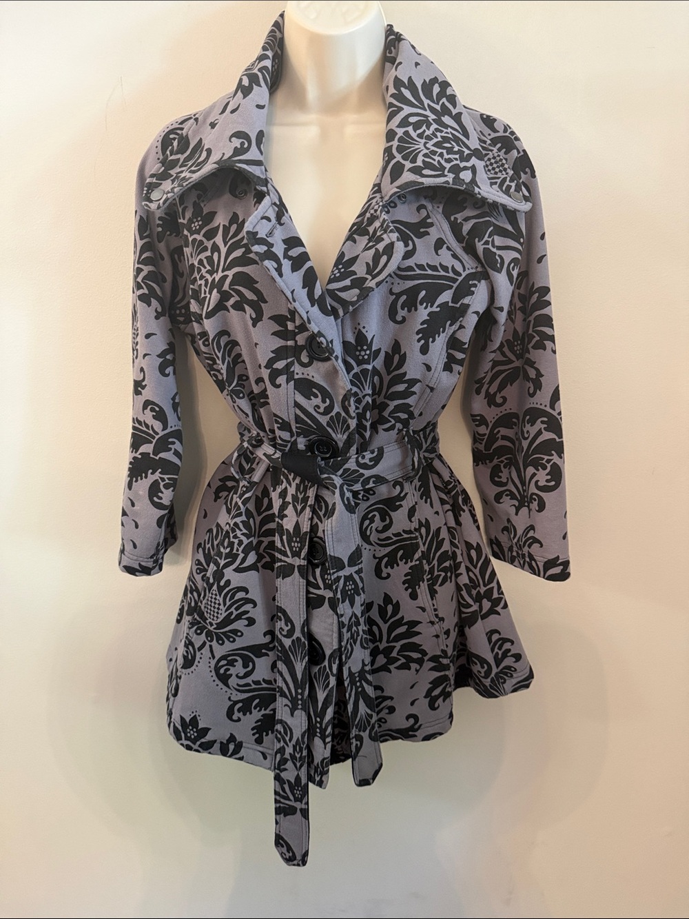Women's Gray Floral Belted Trench Coat